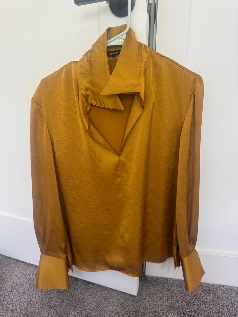Theory Satin Split-Neck Blouse in Mustard